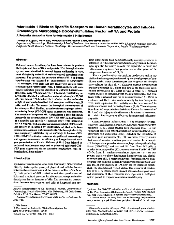(PDF) Interleukin 1 binds to specific receptors on human keratinocytes ...