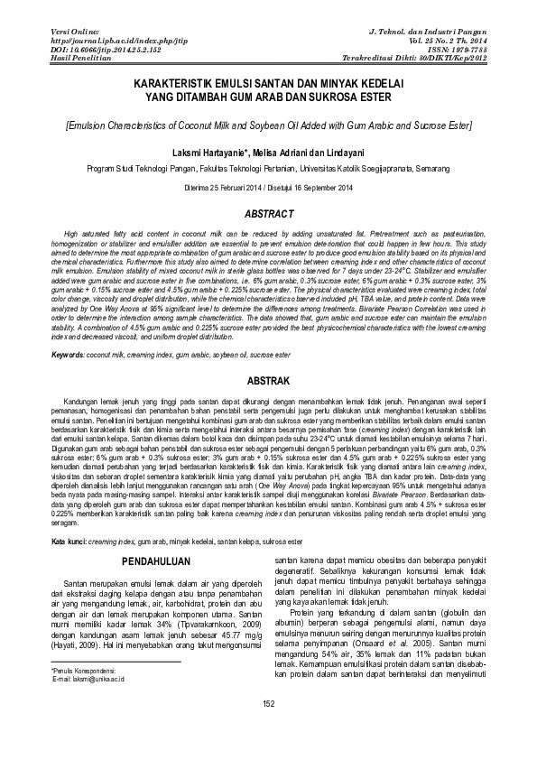 (PDF) KARAKTERISTIK EMULSI SANTAN DAN MINYAK KEDELAI YANG DITAMBAH GUM