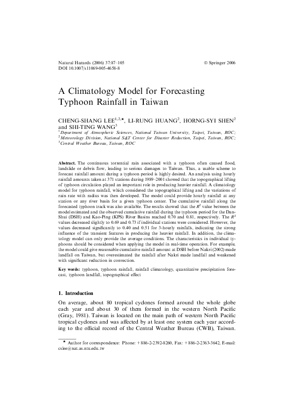 (PDF) A Climatology Model for Forecasting Typhoon Rainfall in Taiwan