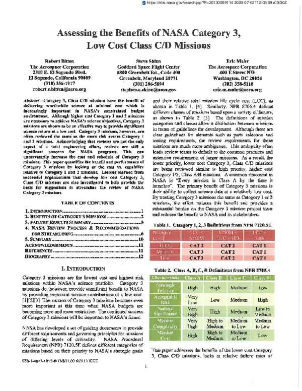 (PDF) Assessing the benefits of NASA Category 3, low cost class C/D ...