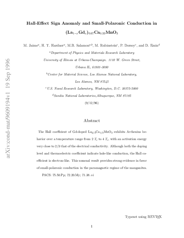 (PDF) Hall-Effect Sign Anomaly and Small-Polaron Conduction in (La [sub ...