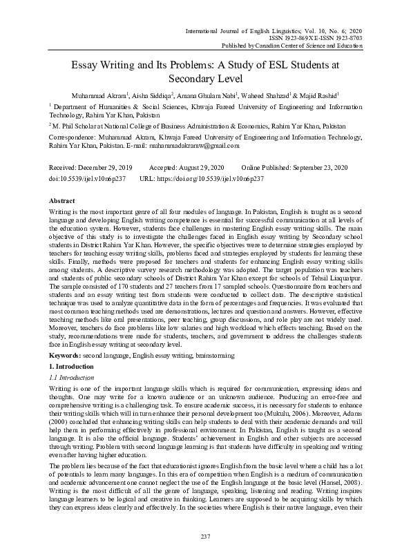 (PDF) Essay Writing and Its Problems: A Study of ESL Students at ...