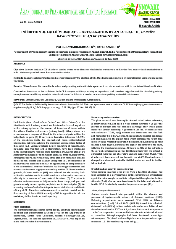 (PDF) Inhibition of Calcium Oxalate Crystallization by an Extract of ...
