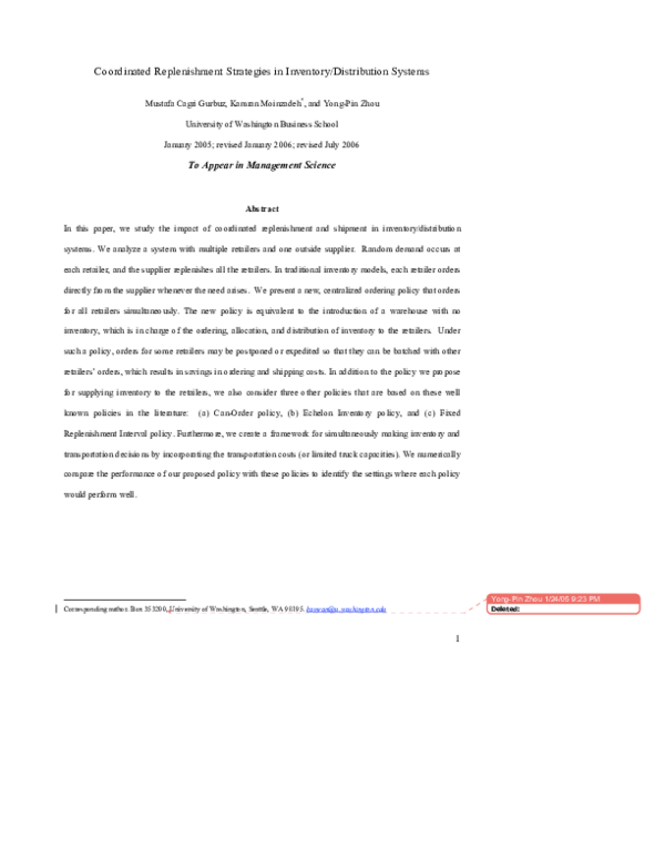 (PDF) Coordinated replenishment strategies in inventory/distribution