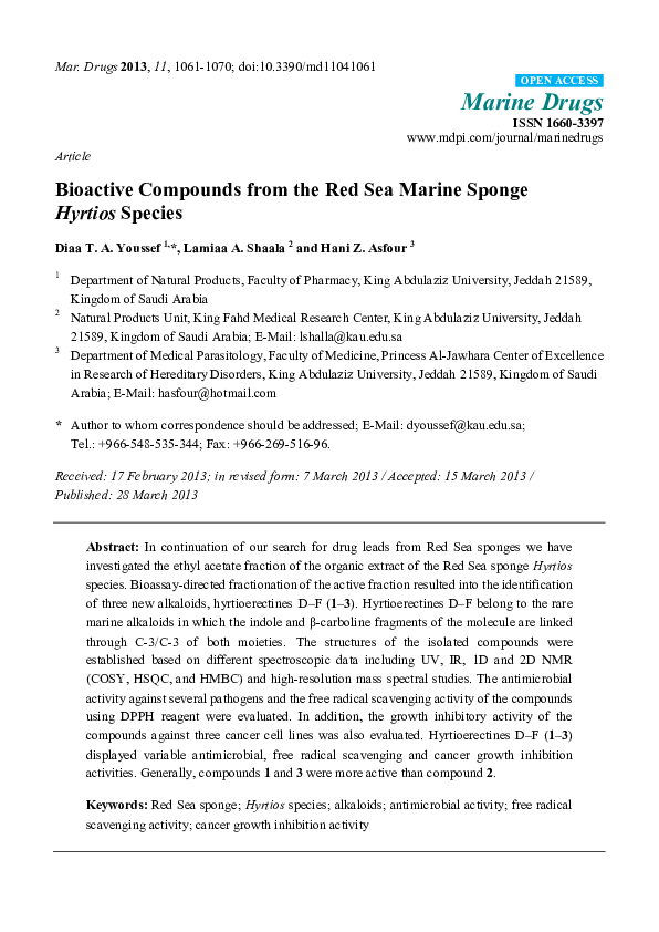 (PDF) Bioactive Compounds from the Red Sea Marine Sponge Hyrtios Species