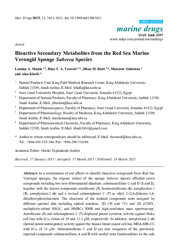 (PDF) Bioactive Secondary Metabolites from the Red Sea Marine Verongid ...