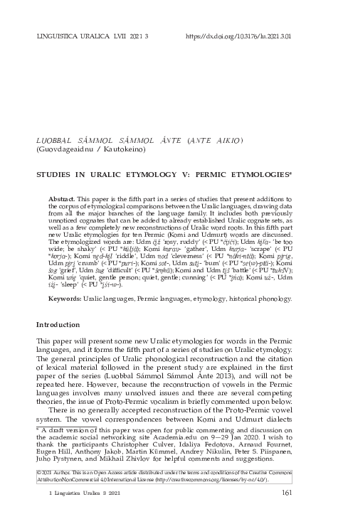 (PDF) Studies in Uralic etymology V: Permic etymologies