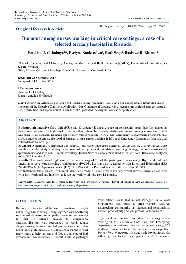 (PDF) Burnout among nurses working in critical care settings: a case of ...