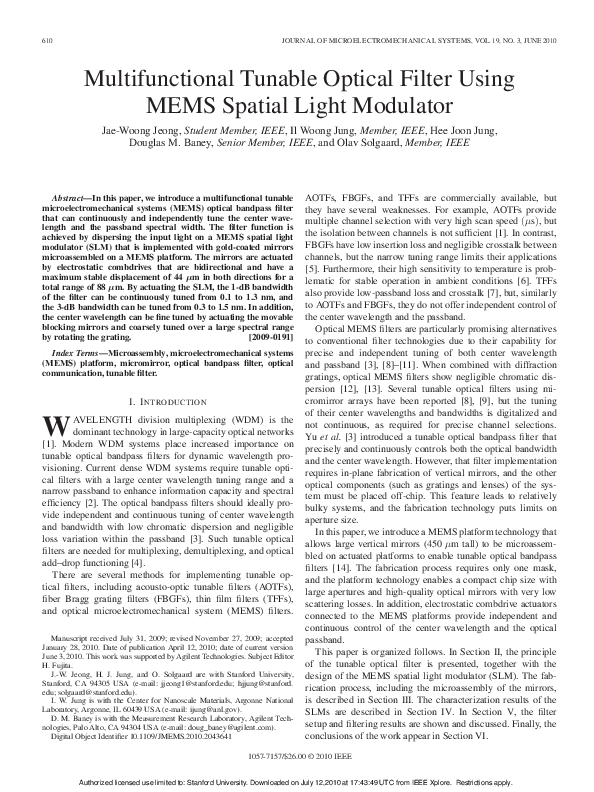 (PDF) Multifunctional Tunable Optical Filter Using MEMS Spatial Light ...