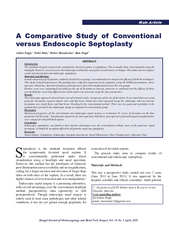 (PDF) A Comparative Study of Conventional versus Endoscopic Septoplasty