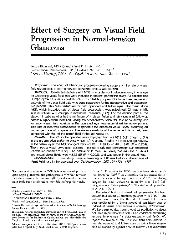 (PDF) Effect of Surgery on Visual Field Progression in Normal-tension ...