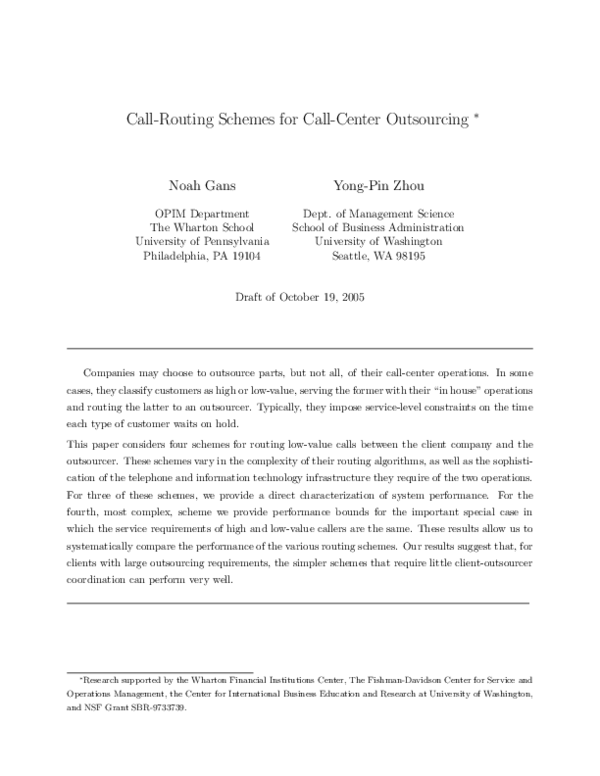 (PDF) CallRouting Schemes for CallCenter Outsourcing YongPin Zhou