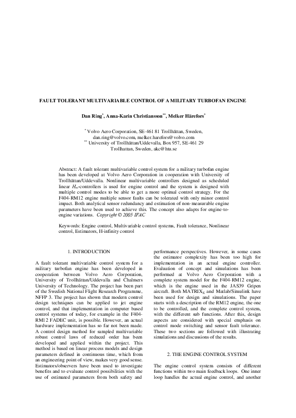 (PDF) Fault tolerant multivariable control of a military turbofan engine