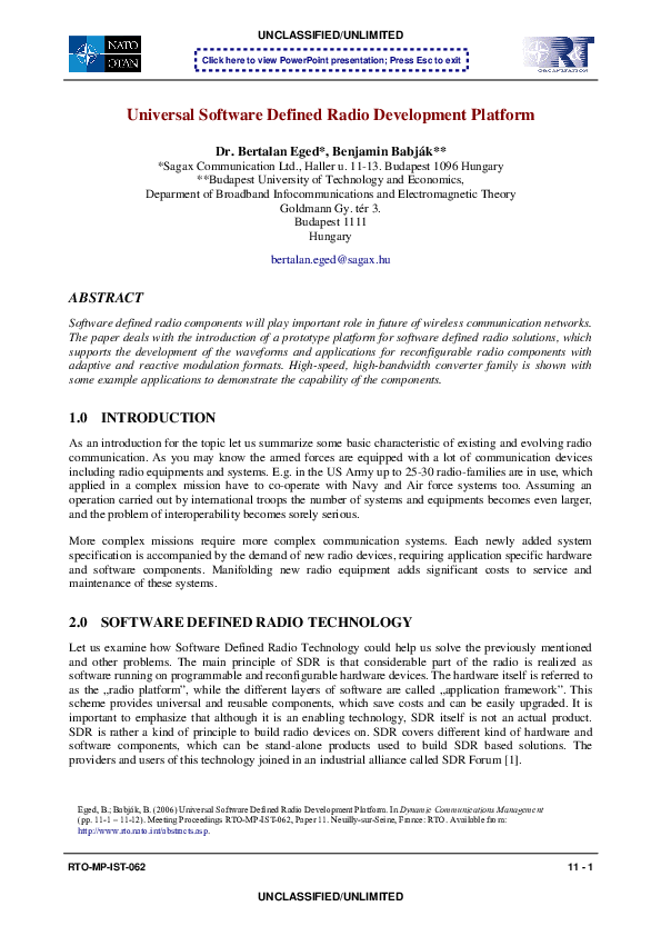 (PDF) Universal Software Defined Radio Development Platform | Bertalan ...
