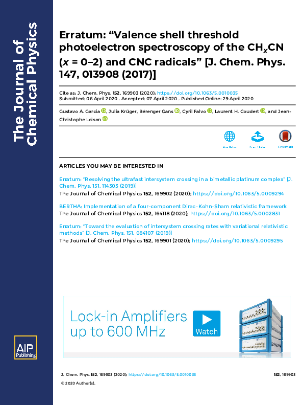 (PDF) Erratum: “Valence shell threshold photoelectron spectroscopy of ...