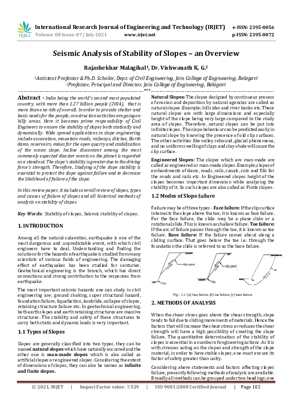 (PDF) IRJET- Seismic Analysis of Stability of Slopes -an Overview