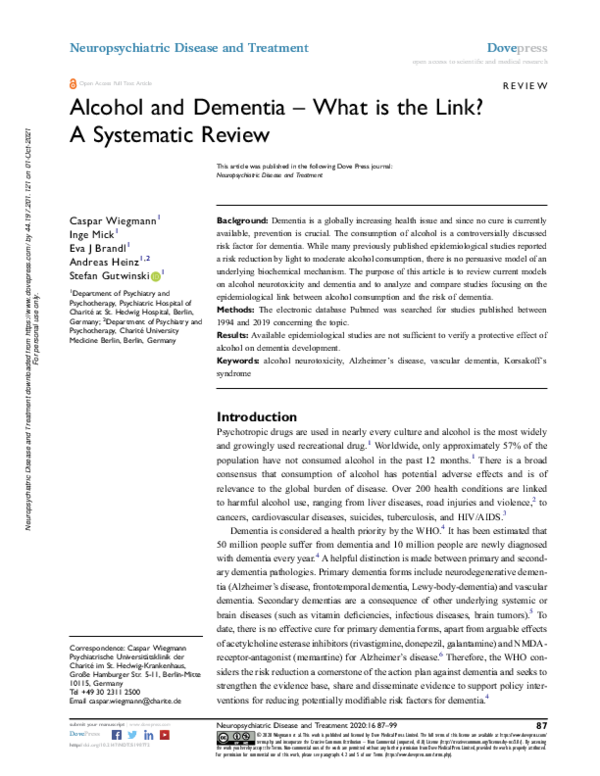 (PDF) Alcohol and Dementia – What is the Link? A Systematic Review