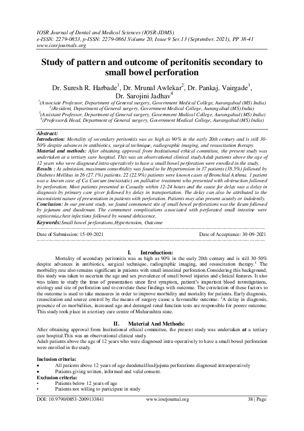 (PDF) Study of pattern and outcome of peritonitis secondary to small ...