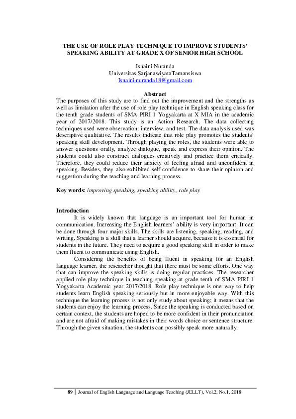 (PDF) The Use of Role Play Technique to Improve Students’ Speaking ...