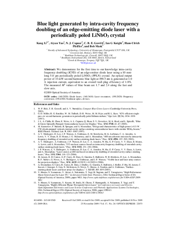 (PDF) Blue light generated by intra-cavity frequency doubling of an ...