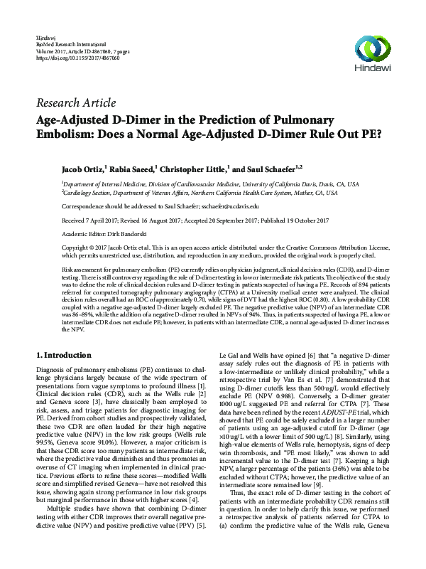 (PDF) AgeAdjusted DDimer in the Prediction of Pulmonary Embolism