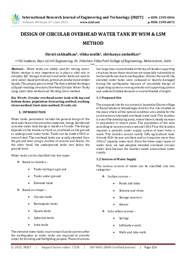 (PDF) IRJET DESIGN OF CIRCULAR OVERHEAD WATER TANK BY WSM & LSM METHOD