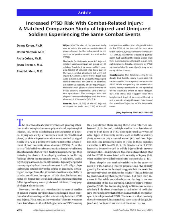 (PDF) Increased PTSD Risk With Combat-Related Injury: A Matched ...