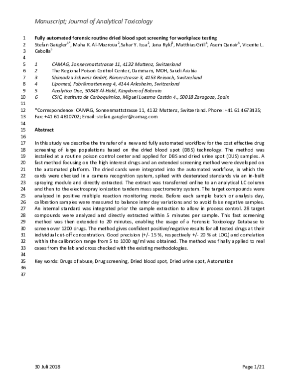 (PDF) Fully Automated Forensic Routine Dried Blood Spot Screening for ...