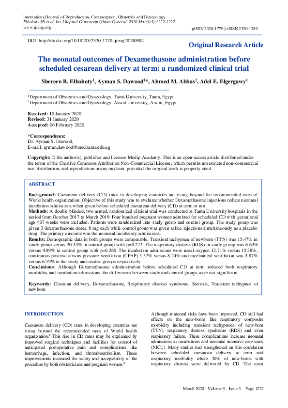 (PDF) The neonatal outcomes of Dexamethasone administration before ...