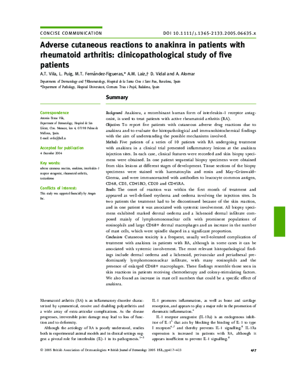 (PDF) Adverse cutaneous reactions to anakinra in patients with ...