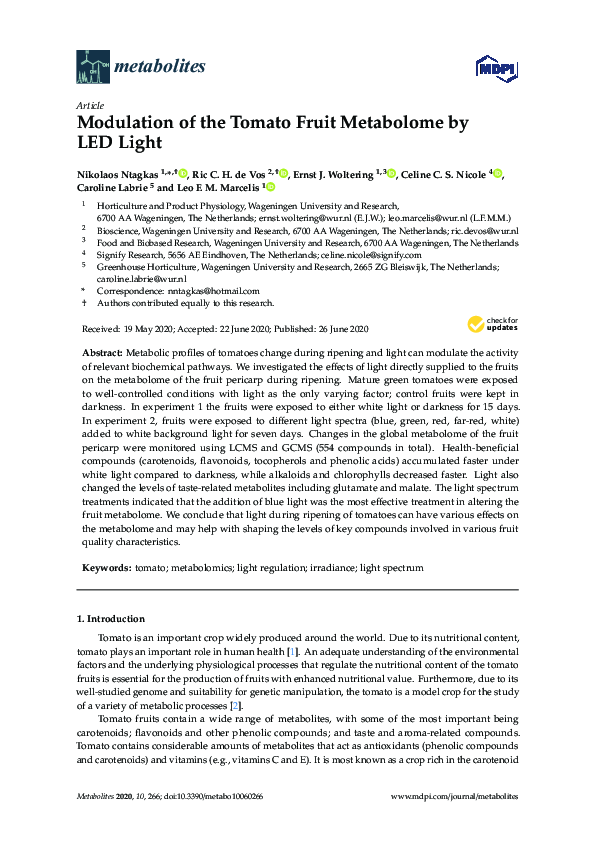 (PDF) Modulation of the Tomato Fruit Metabolome by LED Light Celine