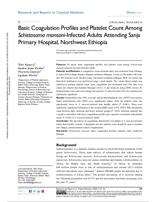 (PDF) Basic Coagulation Profiles and Platelet Count Among Schistosoma ...