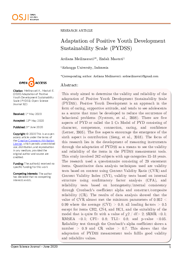 (PDF) Adaptation of positive youth development sustainability scale (PYDSS)