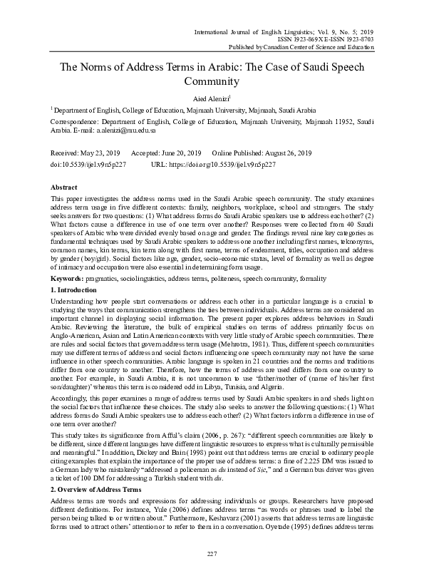 (PDF) The Norms of Address Terms in Arabic: The Case of Saudi Speech ...