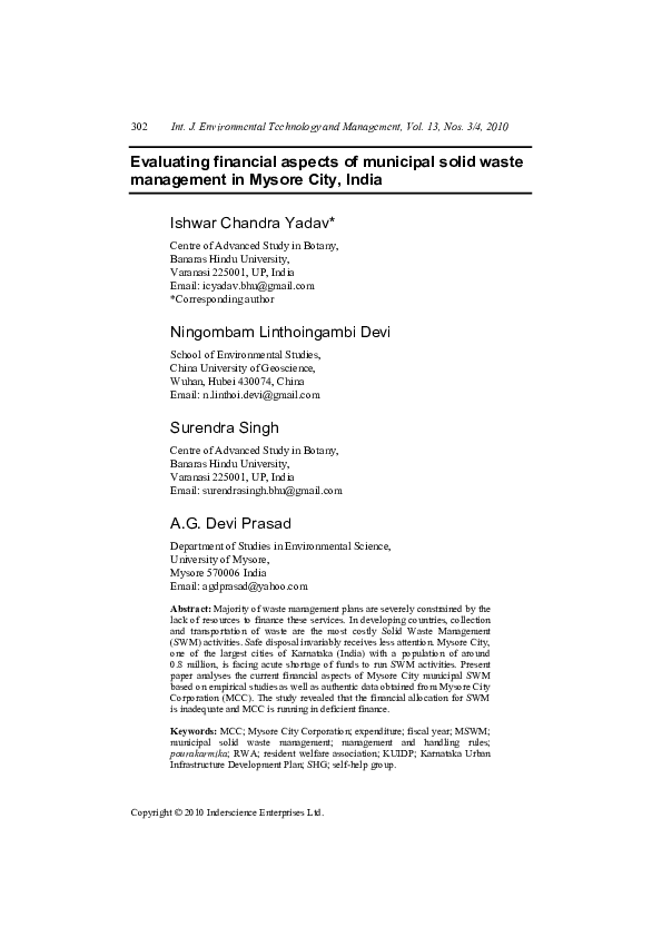(PDF) Evaluating financial aspects of municipal solid waste management ...