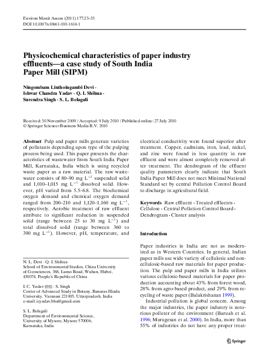 (PDF) Physicochemical characteristics of paper industry effluents—a