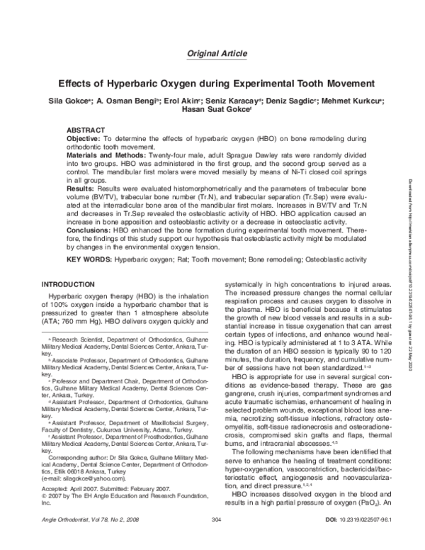 (PDF) Effects of Hyperbaric Oxygen during Experimental Tooth Movement