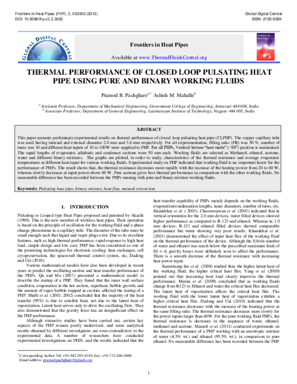 (PDF) Thermal Performance of Closed Loop Pulsating Heat Pipe Using Pure ...