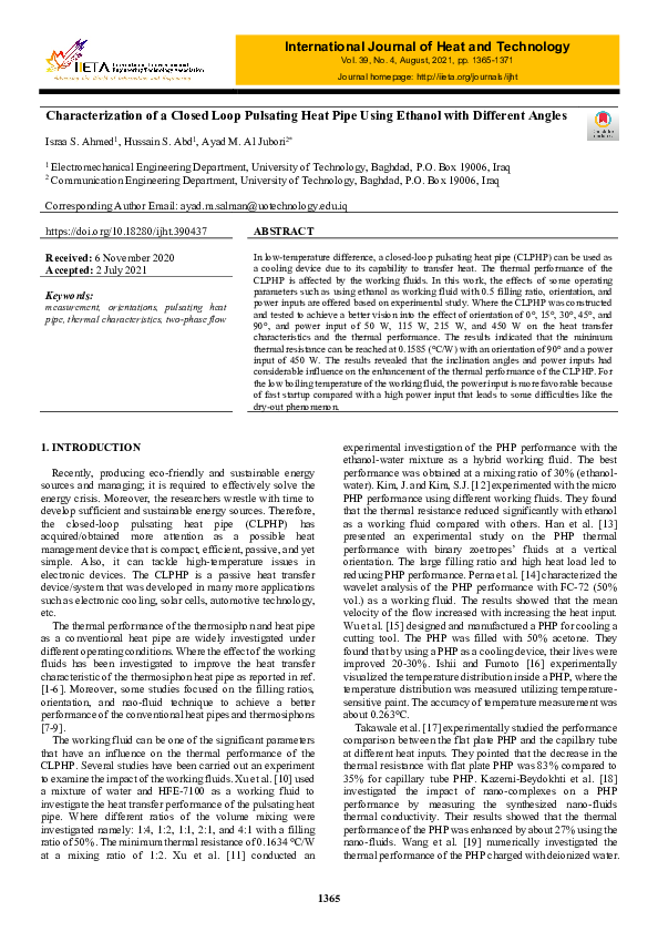 (PDF) Characterization of a Closed Loop Pulsating Heat Pipe Using ...