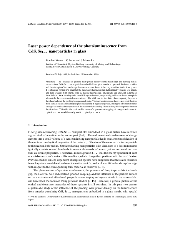 (PDF) Laser power dependence of the photoluminescence from CdS x Se 1 ...