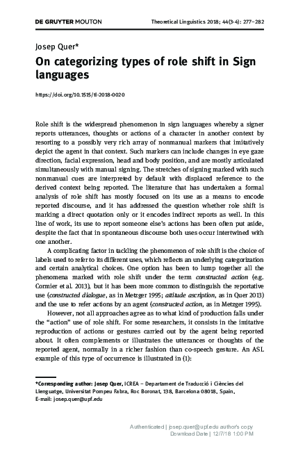 (PDF) On categorizing types of role shift in Sign languages