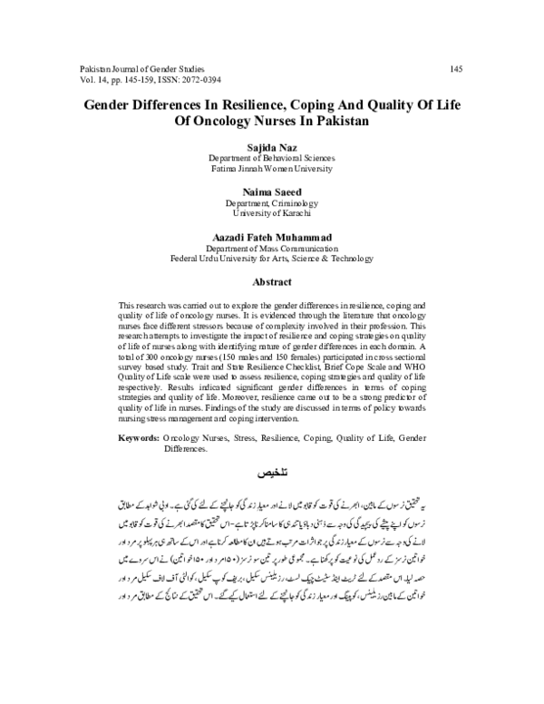 (PDF) Gender Differences In Resilience, Coping And Quality Of Life Of ...