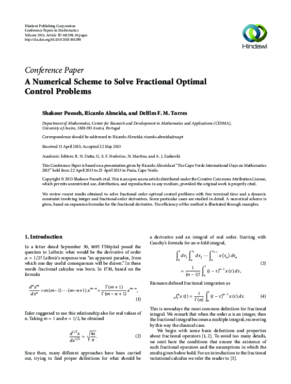 (PDF) A Numerical Scheme to Solve Fractional Optimal Control Problems