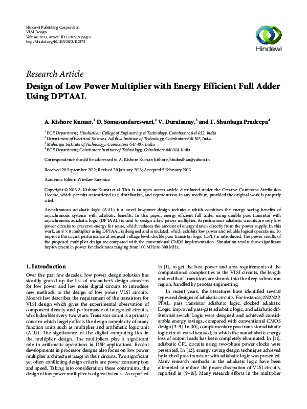 (PDF) Design of Low Power Multiplier with Energy Efficient Full Adder ...