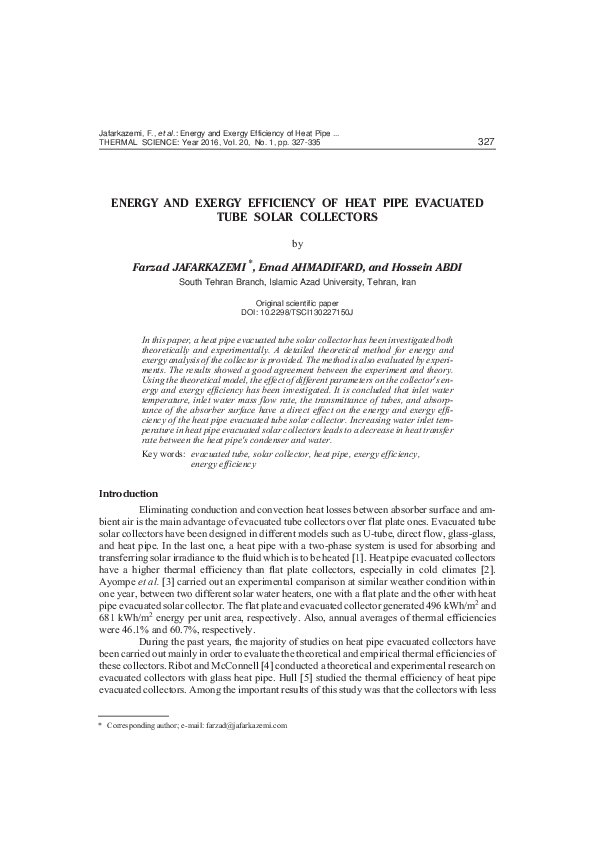 (PDF) Energy and exergy efficiency of heat pipe evacuated tube solar ...