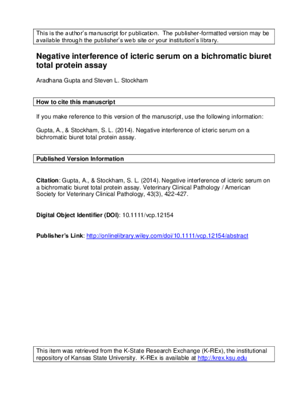 (PDF) Negative interference of icteric serum on a bichromatic biuret ...