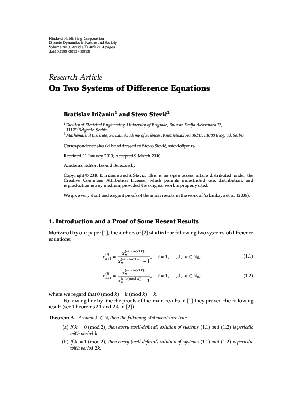 (PDF) On Two Systems of Difference Equations