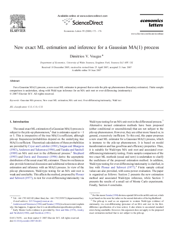 (PDF) New exact ML estimation and inference for a Gaussian MA(1) process
