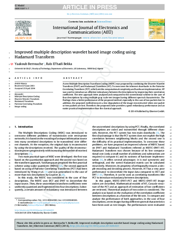 (PDF) Improved multiple description wavelet based image coding using ...