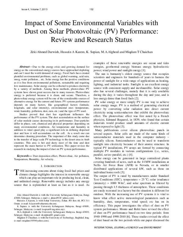 (PDF) Impact of Some Environmental Variables with Dust on Solar ...